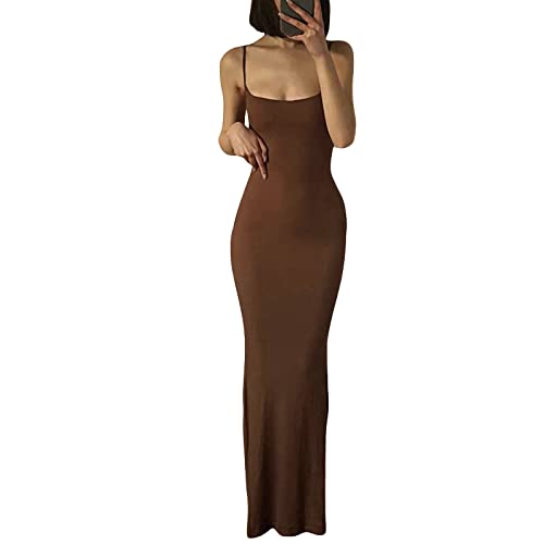 Geagodelia Damen Lange Partykleid Sexy Spaghetti/Langarm Sommerkleid Maxikleider Elegante Sommer Kleider Y2k Aesthetic Clothes Outfit Skims Dupes Dress (A - Braun, L) von Geagodelia