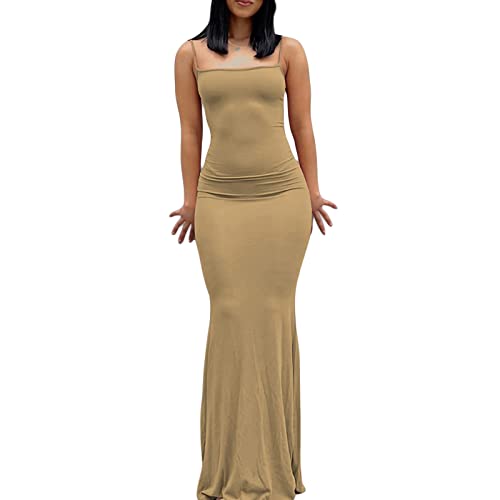 Geagodelia Damen Lange Partykleid Sexy Spaghetti/Langarm Sommerkleid Maxikleider Elegante Sommer Kleider Y2k Aesthetic Clothes Outfit Skims Dupes Dress (A - Khaki, XS) von Geagodelia