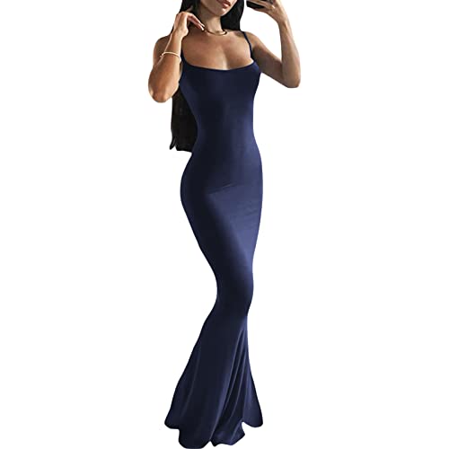 Geagodelia Damen Lange Partykleid Sexy Spaghetti/Langarm Sommerkleid Maxikleider Elegante Sommer Kleider Y2k Aesthetic Clothes Outfit Skims Dupes Dress (A - Navy, M) von Geagodelia