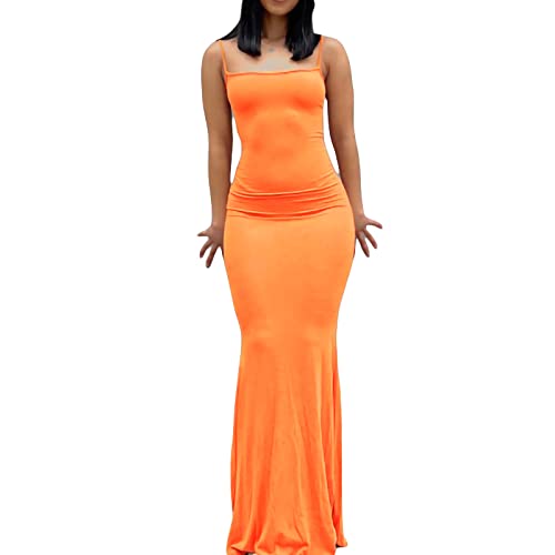 Geagodelia Damen Lange Partykleid Sexy Spaghetti/Langarm Sommerkleid Maxikleider Elegante Sommer Kleider Y2k Aesthetic Clothes Outfit Skims Dupes Dress (A - Orange, L) von Geagodelia