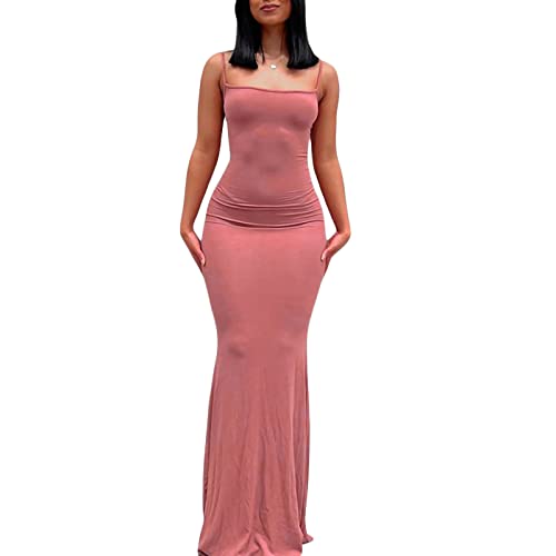 Geagodelia Damen Lange Partykleid Sexy Spaghetti/Langarm Sommerkleid Maxikleider Elegante Sommer Kleider Y2k Aesthetic Clothes Outfit Skims Dupes Dress (A - Pink, M) von Geagodelia