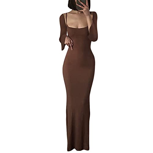 Geagodelia Damen Lange Partykleid Sexy Spaghetti/Langarm Sommerkleid Maxikleider Elegante Sommer Kleider Y2k Aesthetic Clothes Outfit Skims Dupes Dress (B - Braun, L) von Geagodelia