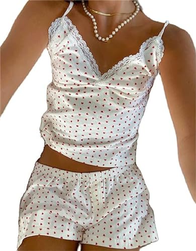 Geagodelia Damen Lounge Set Y2K Camisole Top und Shorts Herzchen Pyjama Zweiteiler Sommer Kurz Eng Hausanzug Matching Loungewear Set (0206A01#Pink, L) von Geagodelia