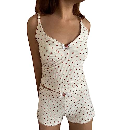 Geagodelia Damen Lounge Set Y2K Camisole Top und Shorts Herzchen Pyjama Zweiteiler Sommer Kurz Eng Hausanzug Matching Loungewear Set (0206A04#Weiß, M) von Geagodelia