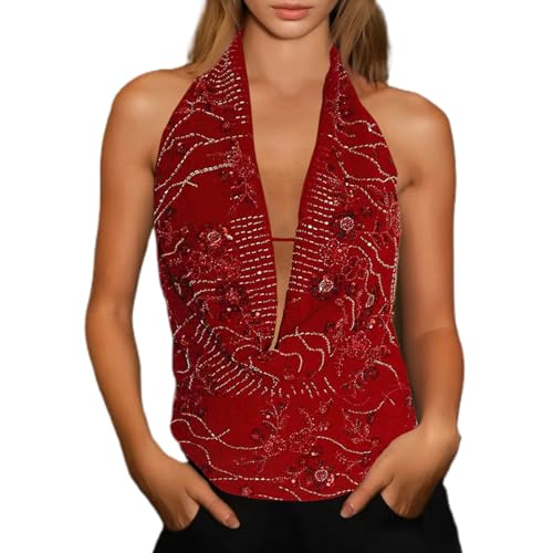 Geagodelia Damen Neckholder Sequin Tank Top Sexy Sommer Trägertop Ärmellose Rückenfreies Glitzer Oberteil Blumen Cami Crop Tops Y2k Aesthetic Clothes Camisole Outfit (B - Rot, M) von Geagodelia