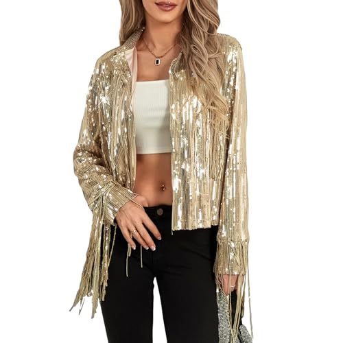 Geagodelia Damen Pailletten Party Jacken Glitzernde Lange Ärmel Offene Vorderseite Quasten Jacken Blazer Clubwear Bühnen Performance Kostüme (Goldene, XXL) von Geagodelia