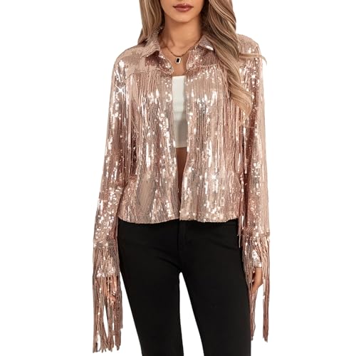 Geagodelia Damen Pailletten Party Jacken Glitzernde Lange Ärmel Offene Vorderseite Quasten Jacken Blazer Clubwear Bühnen Performance Kostüme (Rose Gold, M) von Geagodelia