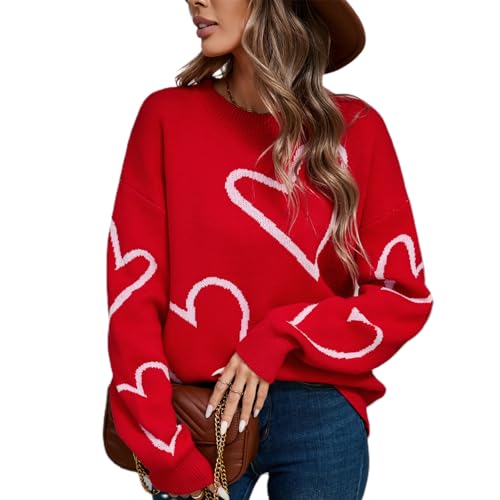 Geagodelia Damen Pullover Oversize Valentinstag Herz Warmer Strickpullover Pulli Frauen Elegant Langarm Rundhals Winterpullover Oberteil Top Herbst Winter (Y - Rot, XL) von Geagodelia