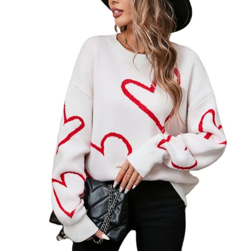 Geagodelia Damen Pullover Oversize Valentinstag Herz Warmer Strickpullover Pulli Frauen Elegant Langarm Rundhals Winterpullover Oberteil Top Herbst Winter (Y - Weiß, M) von Geagodelia