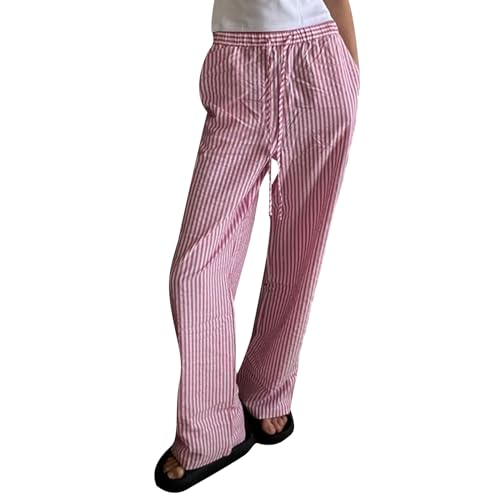Geagodelia Damen Pyjamahose Sommer Pyjama Hosen Schlafhose Leichte Gestreifte Lange Hose Y2k Lounge Pants Sommerhose Freizeithose Nachtwäsche (A - Pink Streifen, M) von Geagodelia