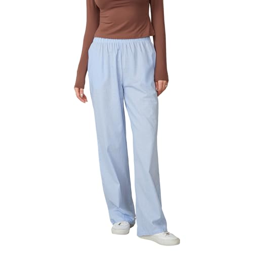 Geagodelia Damen Pyjamahose Sommer Pyjama Hosen Schlafhose Leichte Gestreifte Lange Hose Y2k Lounge Pants Sommerhose Freizeithose Nachtwäsche (B - Blau, S) von Geagodelia