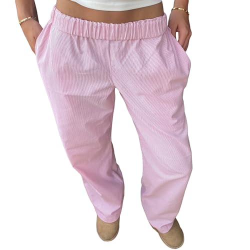 Geagodelia Damen Pyjamahose Sommer Pyjama Hosen Schlafhose Leichte Gestreifte Lange Hose Y2k Lounge Pants Sommerhose Freizeithose Nachtwäsche (B - Pink, M) von Geagodelia