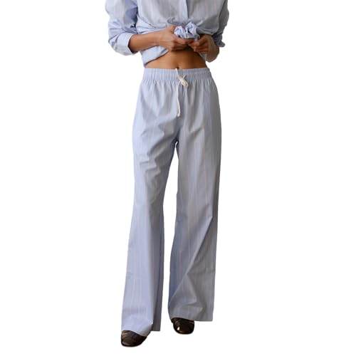 Geagodelia Damen Pyjamahose Sommer Pyjama Hosen Schlafhose Leichte Gestreifte Lange Hose Y2k Lounge Pants Sommerhose Freizeithose Nachtwäsche (C - Blau Streifen, L) von Geagodelia