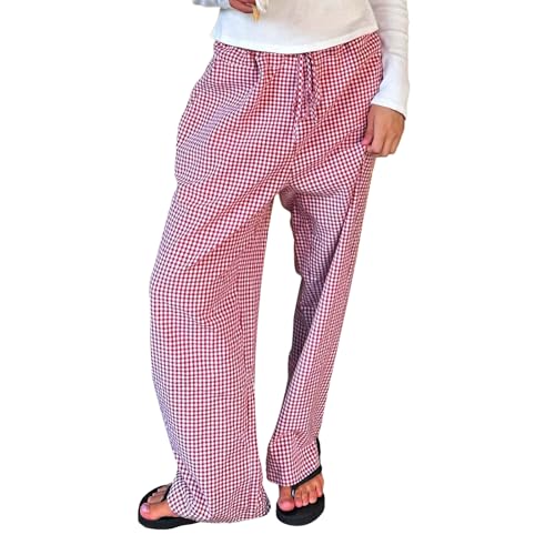 Geagodelia Damen Pyjamahose Sommer Pyjama Hosen Schlafhose Leichte Gestreifte Lange Hose Y2k Lounge Pants Sommerhose Freizeithose Nachtwäsche (F - Rot Karierte, L) von Geagodelia
