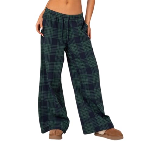 Geagodelia Damen Pyjamahose Sommer Pyjama Hosen Schlafhose Leichte Gestreifte Lange Hose Y2k Lounge Pants Sommerhose Freizeithose Nachtwäsche (G - Grün Blau Karierte, L) von Geagodelia