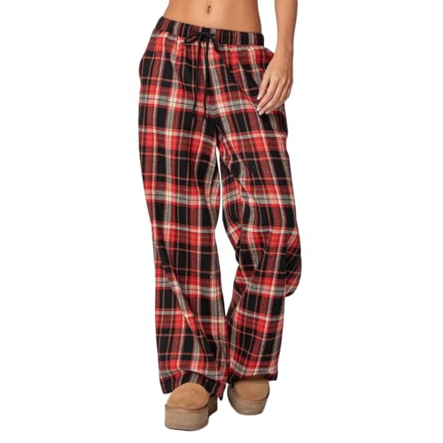 Geagodelia Damen Pyjamahose Sommer Pyjama Hosen Schlafhose Leichte Gestreifte Lange Hose Y2k Lounge Pants Sommerhose Freizeithose Nachtwäsche (G - Rot Schwarz Karierte, S) von Geagodelia