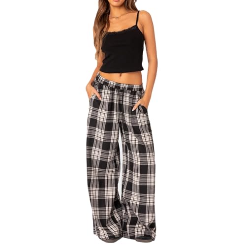 Geagodelia Damen Pyjamahose Sommer Pyjama Hosen Schlafhose Leichte Gestreifte Lange Hose Y2k Lounge Pants Sommerhose Freizeithose Nachtwäsche (G - Schwarz Weiß Karierte, M) von Geagodelia