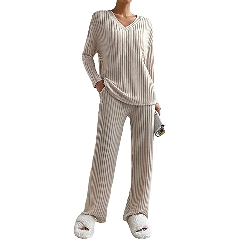 Geagodelia Damen Ribbed Zweiteiler Lounge Set Hausanzug Strick Loungewear Hosenanzug Elegant 2 Teiler Set Top + Hose Tracksuit Kleidung Outfit Anzug (A - Creme, L) von Geagodelia