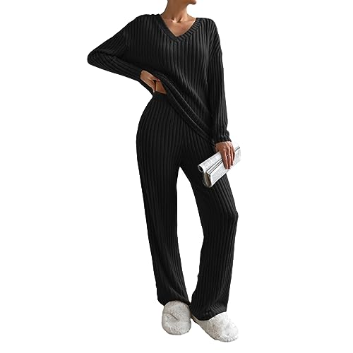 Geagodelia Damen Ribbed Zweiteiler Lounge Set Hausanzug Strick Loungewear Hosenanzug Elegant 2 Teiler Set Top + Hose Tracksuit Kleidung Outfit Anzug (A - Schwarz, M) von Geagodelia