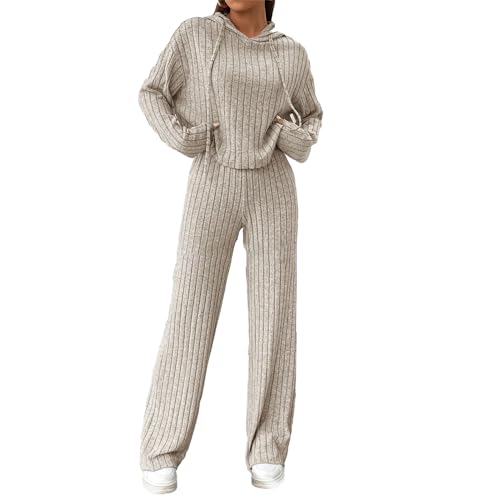 Geagodelia Damen Ribbed Zweiteiler Lounge Set Hausanzug Strick Loungewear Hosenanzug Elegant 2 Teiler Set Top + Hose Tracksuit Kleidung Outfit Anzug (B - Champagne, M) von Geagodelia