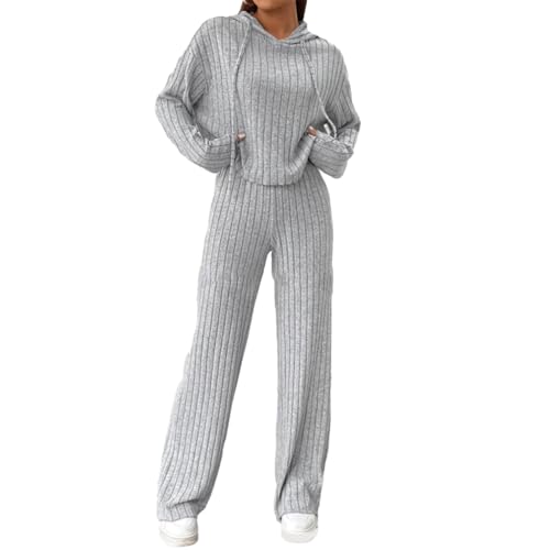 Geagodelia Damen Ribbed Zweiteiler Lounge Set Hausanzug Strick Loungewear Hosenanzug Elegant 2 Teiler Set Top + Hose Tracksuit Kleidung Outfit Anzug (B - Grau, L) von Geagodelia