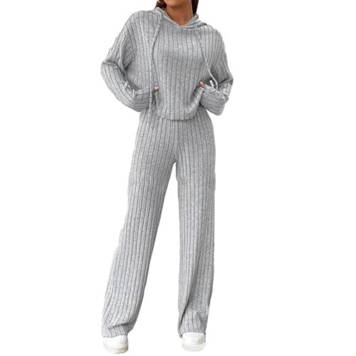 Geagodelia Damen Ribbed Zweiteiler Lounge Set Hausanzug Strick Loungewear Hosenanzug Elegant 2 Teiler Set Top + Hose Tracksuit Kleidung Outfit Anzug (B - Grau, XL) von Geagodelia