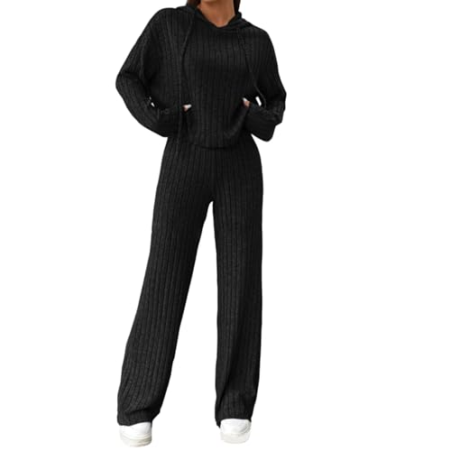 Geagodelia Damen Ribbed Zweiteiler Lounge Set Hausanzug Strick Loungewear Hosenanzug Elegant 2 Teiler Set Top + Hose Tracksuit Kleidung Outfit Anzug (B - Schwarz, L) von Geagodelia