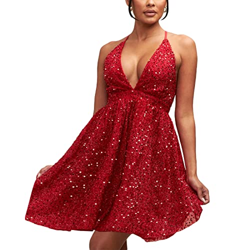 Geagodelia Damen Rückenfreies Partykleid Kurze Sexy Glitzer Minikleid Elegante Sommer Mini Party Kleid Y2k Aesthetic Clothes Clubwear Paillettenkleid Sommerkleid (C - Rot, M) von Geagodelia