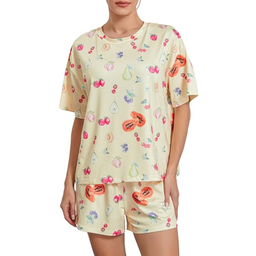 Geagodelia Damen Schlafanzug Lounge Pyjama Set Pyjamahose + Pyjama-Oberteile Lange Hausanzug Zweiteiler Nachtwäsche Loungewear Fruit Pjs Herbst Winter (B - Gelb Shorts, L) von Geagodelia