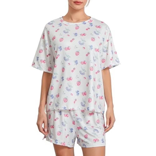 Geagodelia Damen Schlafanzug Lounge Pyjama Set Pyjamahose + Pyjama-Oberteile Lange Hausanzug Zweiteiler Nachtwäsche Loungewear Fruit Pjs Herbst Winter (B - Weiß Shorts, S) von Geagodelia