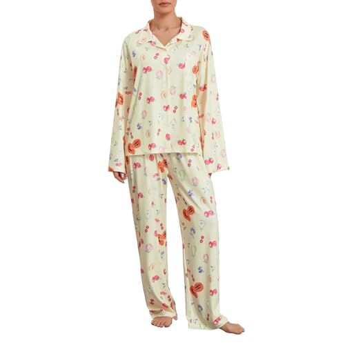 Geagodelia Damen Schlafanzug Lounge Pyjama Set Pyjamahose + Pyjama-Oberteile Lange Hausanzug Zweiteiler Nachtwäsche Loungewear Fruit Pjs Herbst Winter (Gelb, L) von Geagodelia