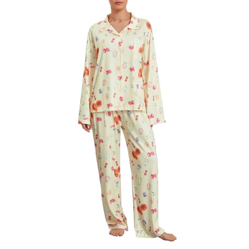 Geagodelia Damen Schlafanzug Lounge Pyjama Set Pyjamahose + Pyjama-Oberteile Lange Hausanzug Zweiteiler Nachtwäsche Loungewear Fruit Pjs Herbst Winter (Gelb, S) von Geagodelia