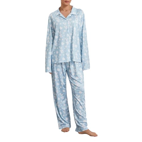 Geagodelia Damen Schlafanzug Lounge Pyjama Set Pyjamahose + Pyjama-Oberteile Lange Hausanzug Zweiteiler Nachtwäsche Loungewear Fruit Pjs Herbst Winter (Hellblau, M) von Geagodelia