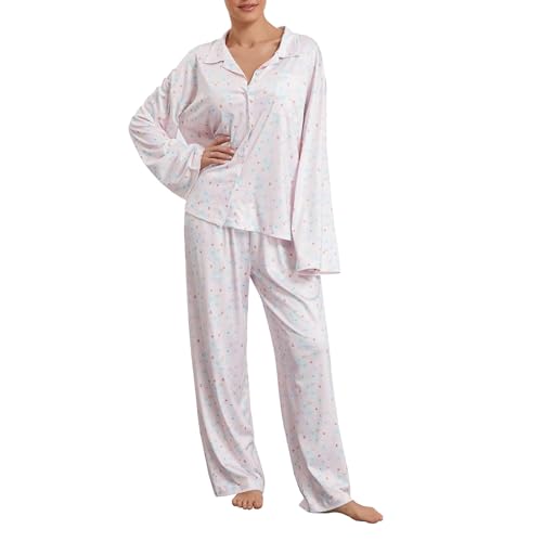 Geagodelia Damen Schlafanzug Lounge Pyjama Set Pyjamahose + Pyjama-Oberteile Lange Hausanzug Zweiteiler Nachtwäsche Loungewear Fruit Pjs Herbst Winter (Hellpink, L) von Geagodelia