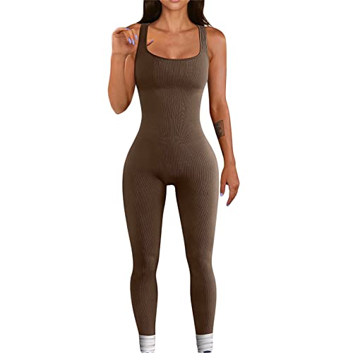 Geagodelia Damen Sexy Bodycon Jumpsuit Einteiler Elegant Kurzarm Ärmellos Overall Romper Yoga Workout Sport Outfit Skims Dupes Kuschelig Clubwear (B - Braun, XL) von Geagodelia