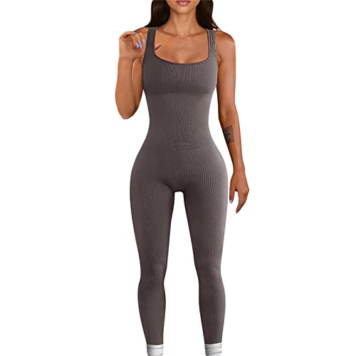 Geagodelia Damen Sexy Bodycon Jumpsuit Einteiler Elegant Kurzarm Ärmellos Overall Romper Yoga Workout Sport Outfit Skims Dupes Kuschelig Clubwear (B - Grau, S) von Geagodelia