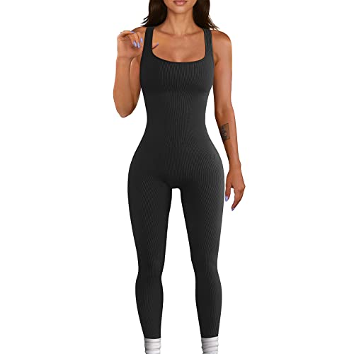 Geagodelia Damen Sexy Bodycon Jumpsuit Einteiler Elegant Kurzarm Ärmellos Overall Romper Yoga Workout Sport Outfit Skims Dupes Kuschelig Clubwear (B - Schwarz, L) von Geagodelia