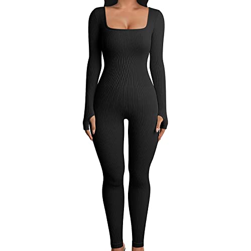 Geagodelia Damen Sexy Bodycon Jumpsuit Einteiler Elegant Langarm Overall Romper Yoga Workout Sport Outfit Clubwear Streetwear (A - Schwarz, L) von Geagodelia