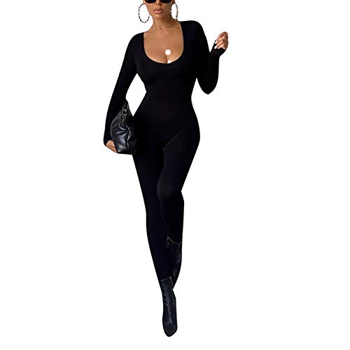 Geagodelia Damen Sexy Bodycon Jumpsuit Einteiler Elegant Langarm Overall Romper Yoga Workout Sport Outfit Clubwear Streetwear (B - Schwarz, S) von Geagodelia