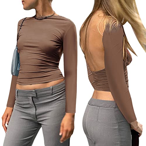 Geagodelia Damen Sexy Rückenfreies Oberteil Y2k Fashion Backless Top Crop Top Langarmshirt Cut Out T-Shirt Skims Sommer Clothes Outfit (B - Braun Langarm, S) von Geagodelia