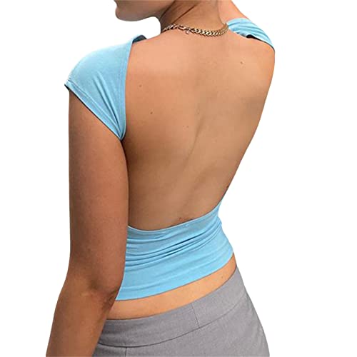 Geagodelia Damen Sexy Rückenfreies Oberteil Y2k Fashion Backless Top Crop Top Cut Out T-Shirt Bluse Skims Sommer Clothes Outfit Aesthetic (A - Hellblau, S) von Geagodelia