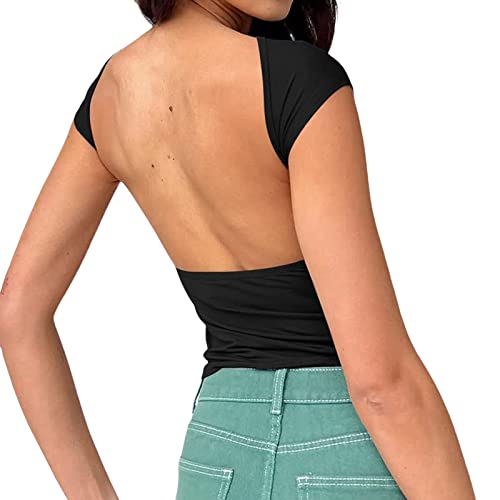 Geagodelia Damen Sexy Rückenfreies Oberteil Y2k Fashion Backless Top Crop Top Cut Out T-Shirt Bluse Skims Sommer Clothes Outfit Aesthetic (A - Schwarz, L) von Geagodelia