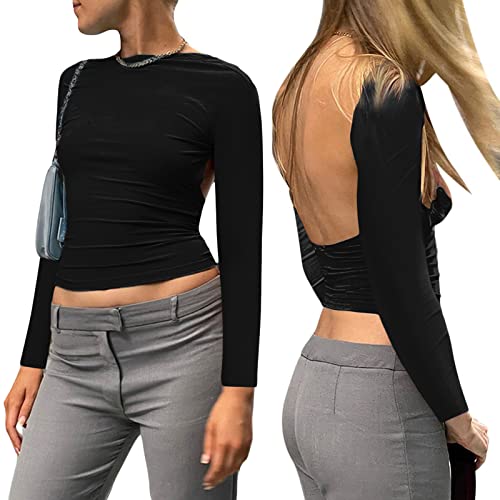 Geagodelia Damen Sexy Rückenfreies Oberteil Y2k Fashion Backless Top Crop Top Langarmshirt Cut Out T-Shirt Skims Sommer Clothes Outfit (B - Schwarz Langarm, M) von Geagodelia