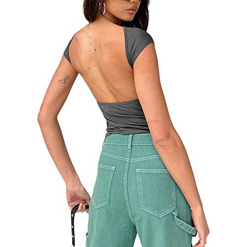 Geagodelia Damen Sexy Rückenfreies Oberteil Y2k Fashion Backless Top Crop Top Cut Out T-Shirt Bluse Skims Dupe Sommer Clothes Outfit Aesthetic (A - Grau, L) von Geagodelia