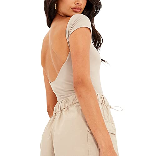 Geagodelia Damen Sexy Rückenfreies Oberteil Y2k Fashion Backless Top Crop Top Cut Out T-Shirt Bluse Skims Sommer Clothes Outfit Aesthetic (C - Beige, S) von Geagodelia