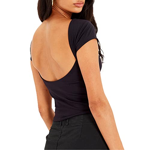 Geagodelia Damen Sexy Rückenfreies Oberteil Y2k Fashion Backless Top Crop Top Cut Out T-Shirt Bluse Skims Sommer Clothes Outfit Aesthetic (C - Schwarz, L) von Geagodelia