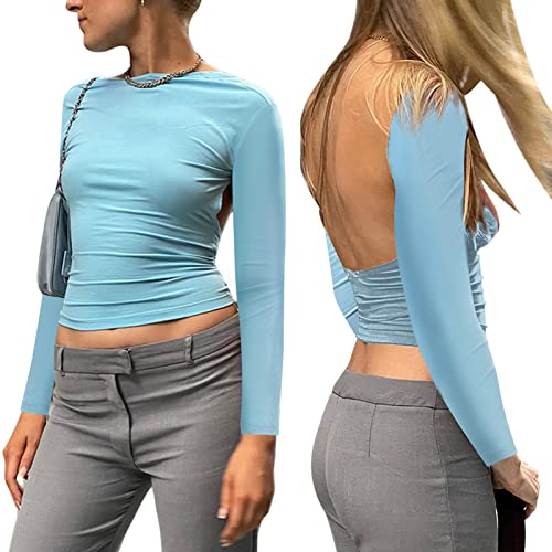 Geagodelia Damen Sexy Rückenfreies Oberteil Y2k Fashion Backless Top Crop Top Langarmshirt Cut Out T-Shirt Skims Sommer Clothes Outfit (B - Hellblau Langarm, S) von Geagodelia