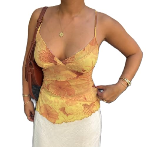 Geagodelia Damen Sexy Spaghetti Cami Tank Top Trägertop Ärmellose Spaghettiträger Sommer Oberteil Y2k Aesthetic Clothes Crop Tops Bauchfreies Camisole Outfit (A - Gelb Mesh, XL) von Geagodelia