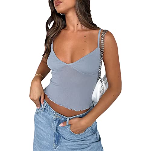 Geagodelia Damen Sexy Spaghetti Tank Top Crop Tops Rückenfreies Oberteil Elegant Trägertop Unterhemd Y2k Backless Top Sommer Aesthetic Clothes Camisole Streetwear (A - Blau Grau, S) von Geagodelia