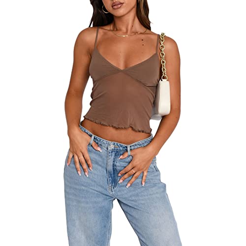 Geagodelia Damen Sexy Spaghetti Tank Top Crop Tops Rückenfreies Oberteil Elegant Trägertop Unterhemd Y2k Backless Top Sommer Aesthetic Clothes Camisole Streetwear (A - Braun, L) von Geagodelia